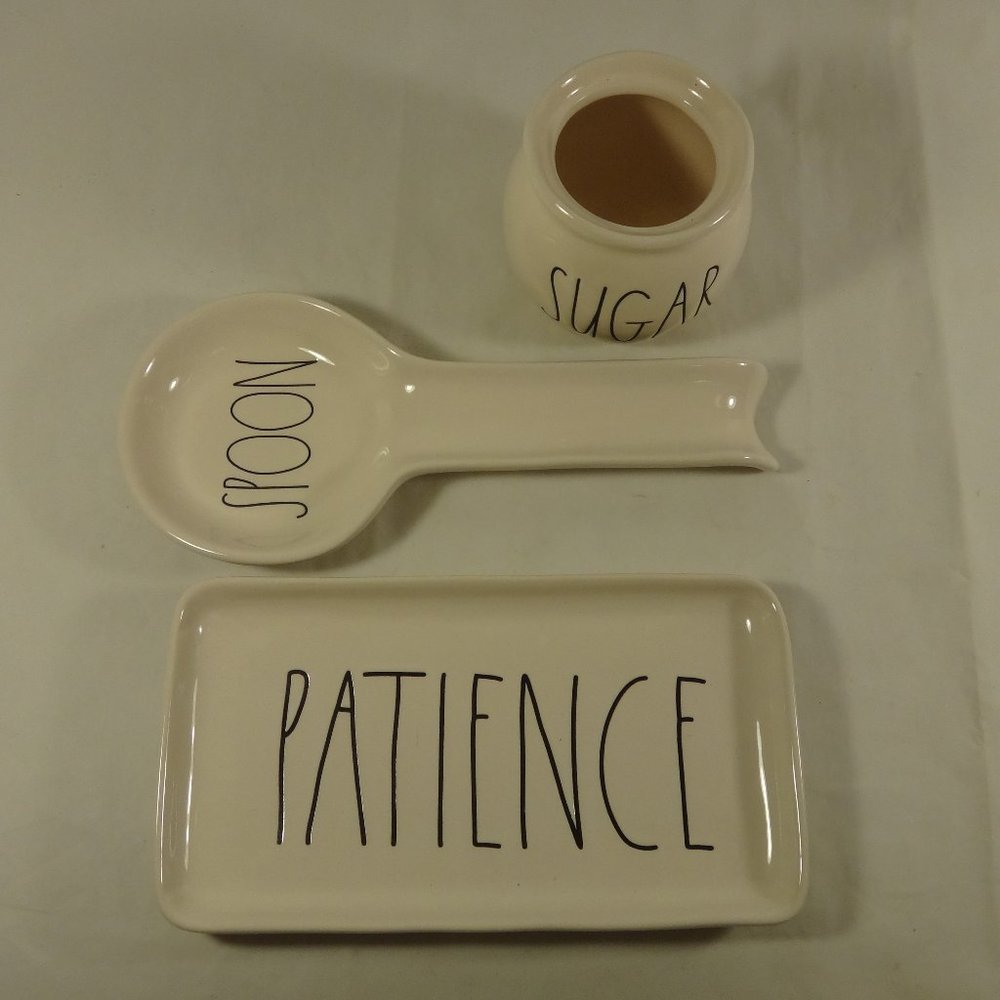 Rae Dunn Lot White Ceramic Artisan Spoon Rest Patience Tray Sugar Bowl No Lid